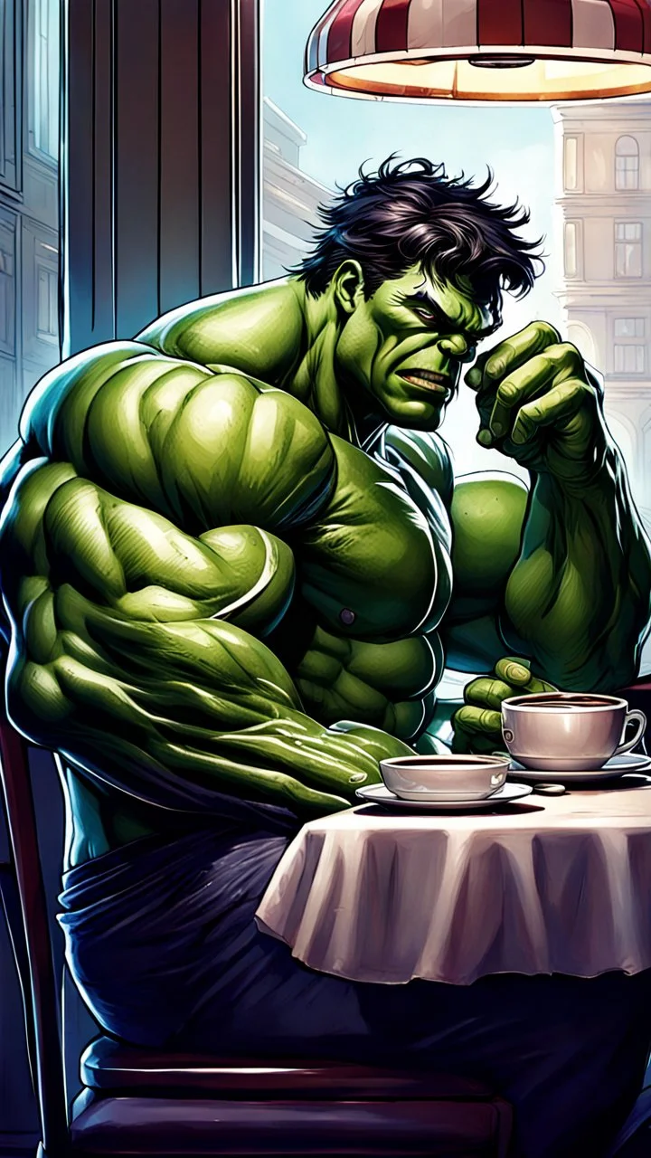 Artgerm, hulk sitting at a cosy diner, having a coffee, vain attitute, serenity, detailed, 8k, q2