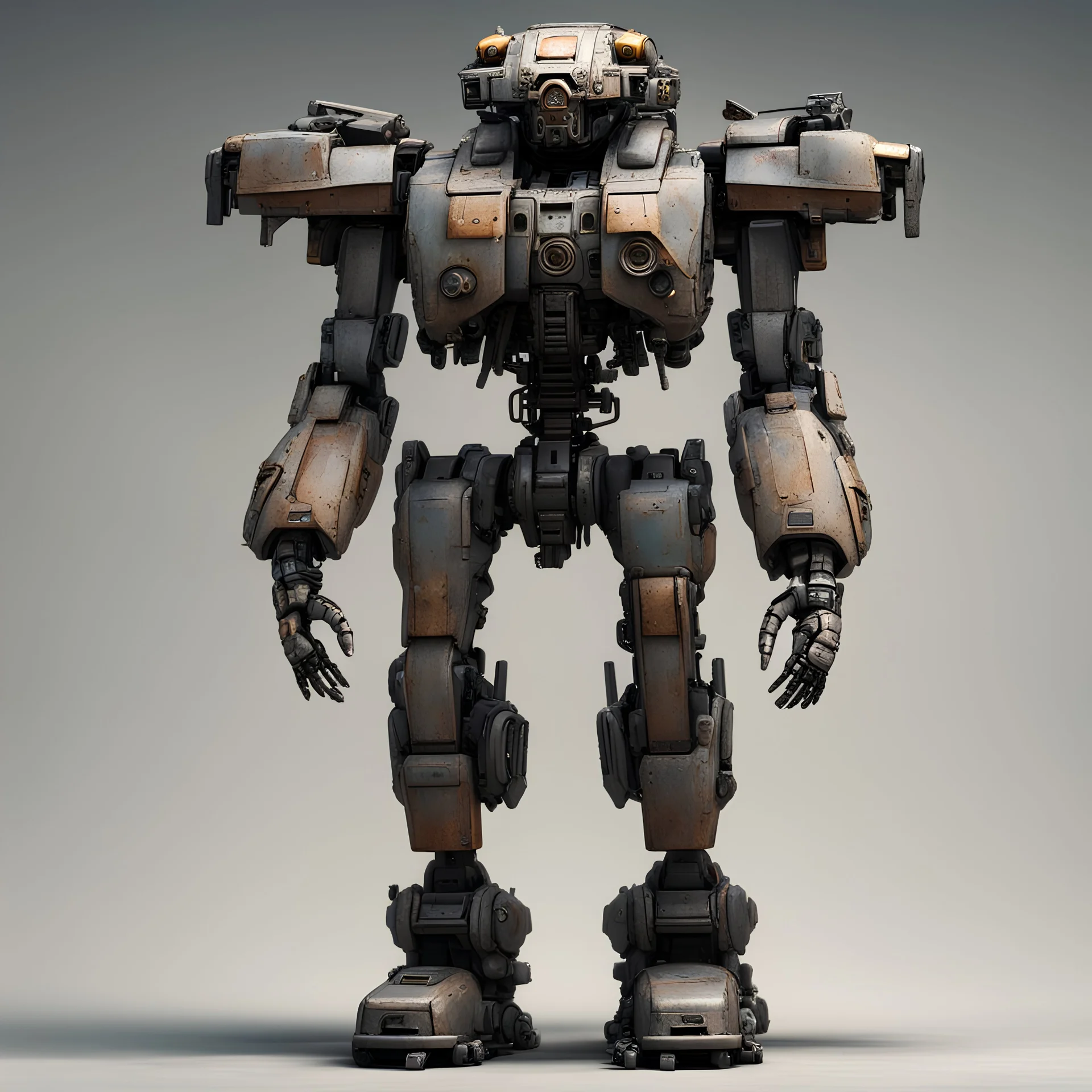 front view, side view, t-pose veteran mecha exoskeleton, war machine, worn paintwork, diesel punk,