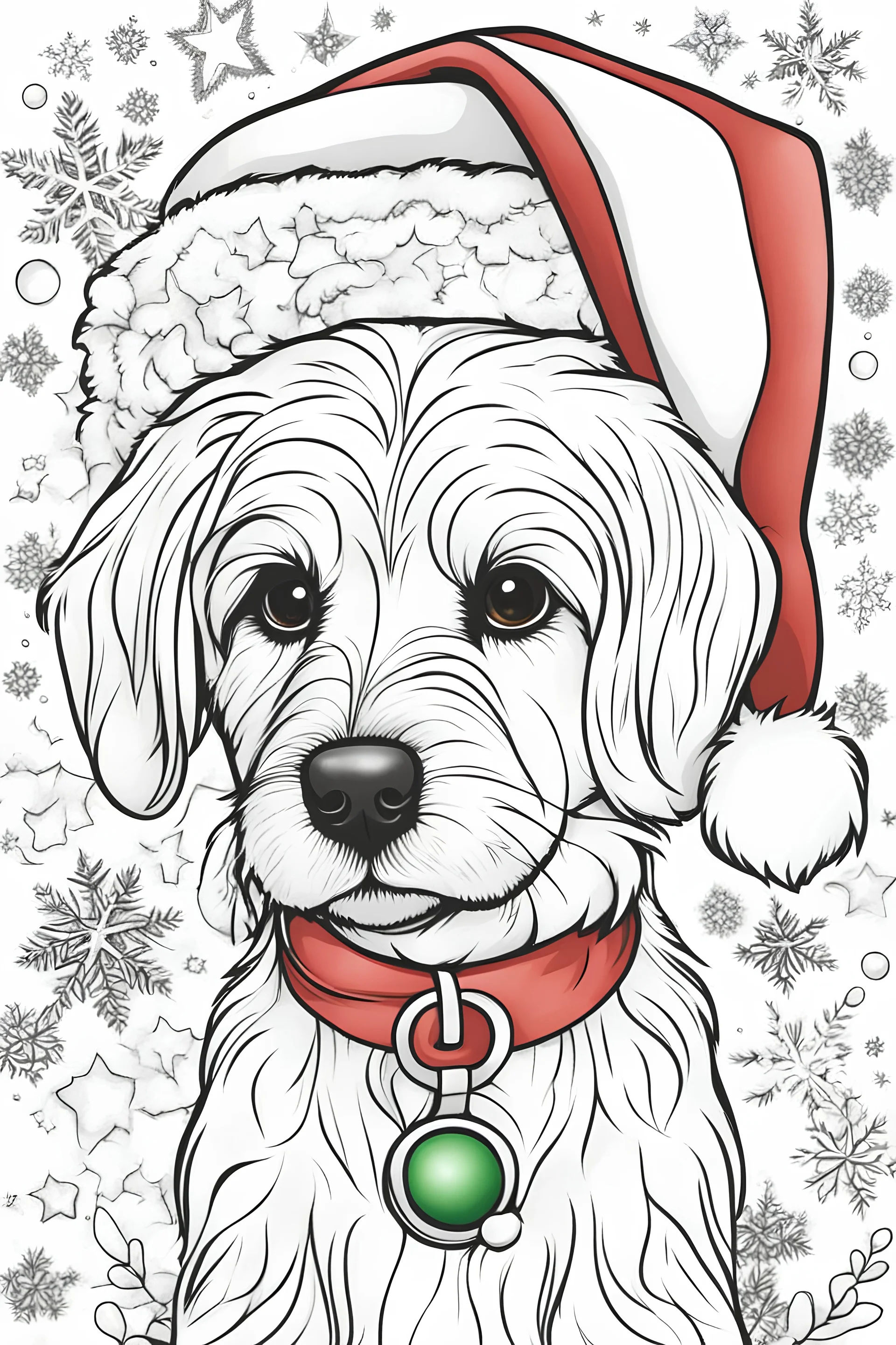 outline art for cute christmas style coloring pages with dog, white background, sketch sytle, only use outline, clean line art, white background, no shadows and clear and well outlined