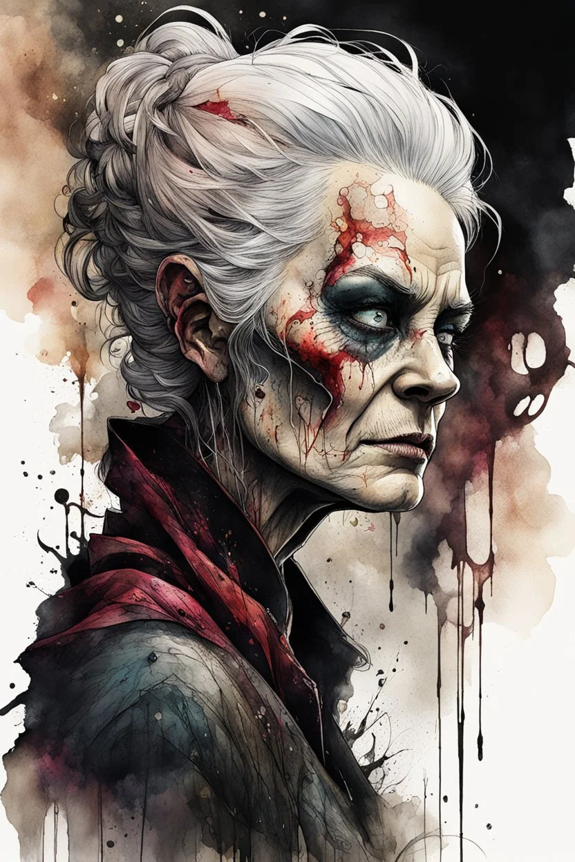 highly detailed full color, ink wash and watercolor concept illustration of an aged, world weary, female character based on Faust , maximalist, sharp focus, highest resolution, in the styles of Alex Pardee, Denis Forkas , Bill Sienkiewicz, and Masahiro Ito, boldly inked, 8k, coarse, gritty textures