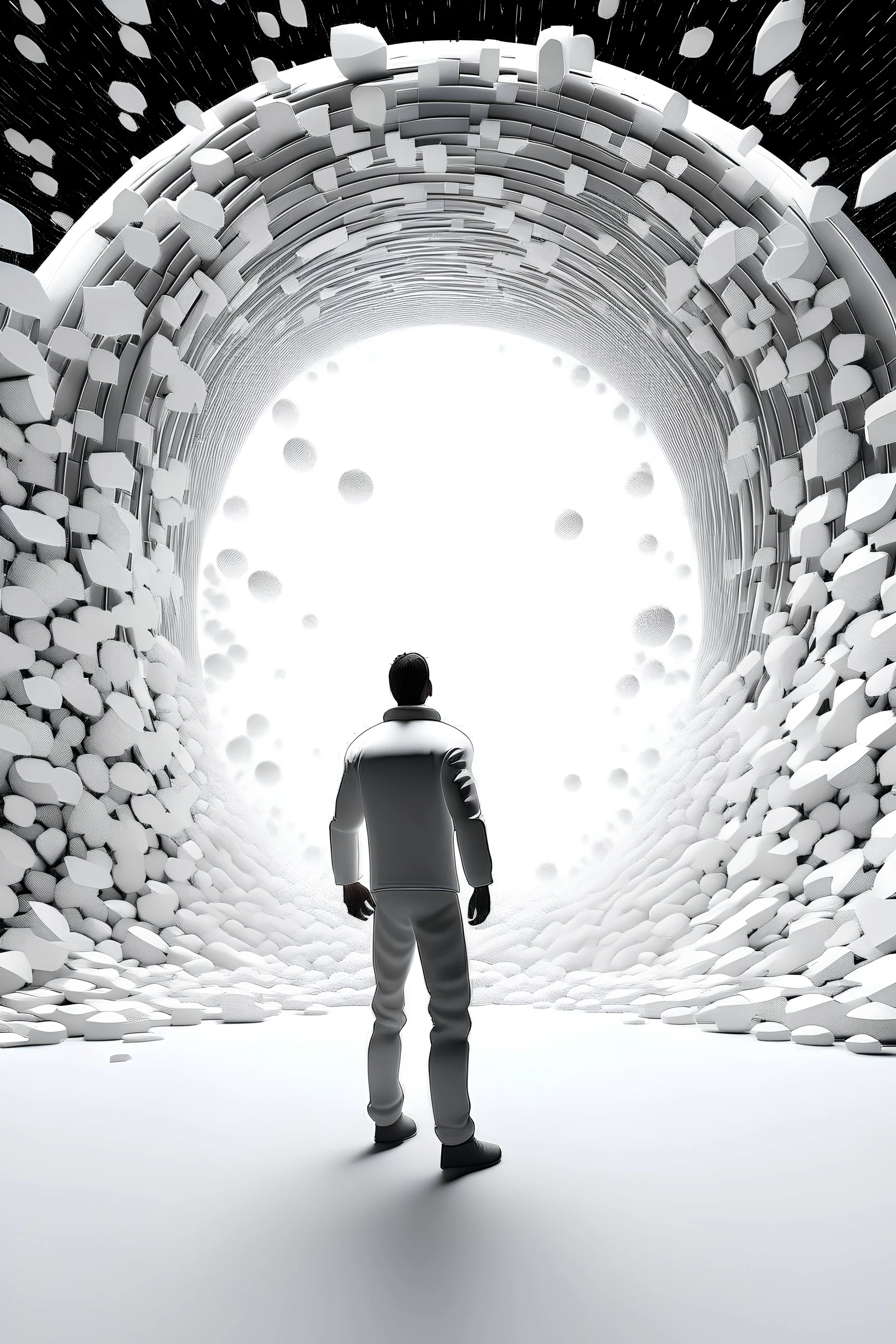 a small man in front of a big white and circle explosion space, 3D render ,contrast