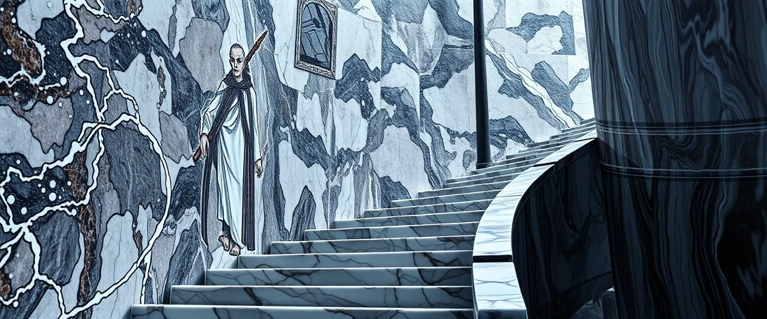 the charoit, the fool and the tower tarot card disaster rendered in magnificient 4d glossy marble stones reflective and wet, like mirrors, little imp on stair