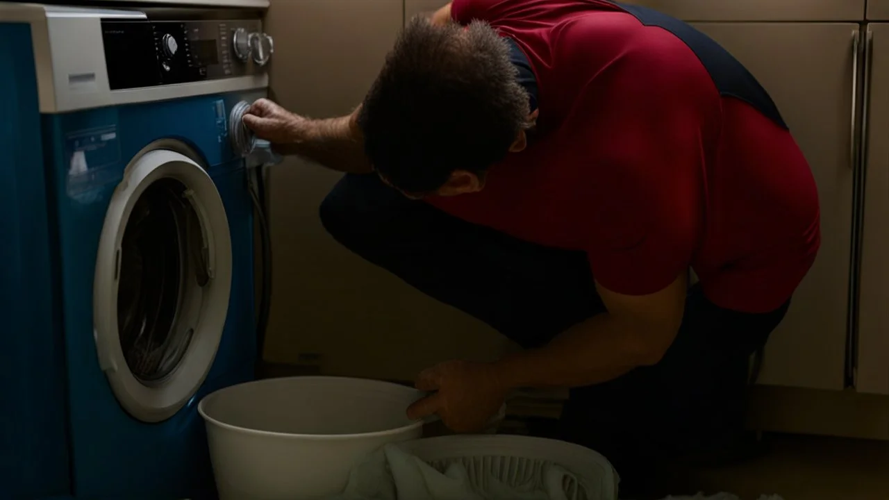 man drains water out of household washing machine into a cup