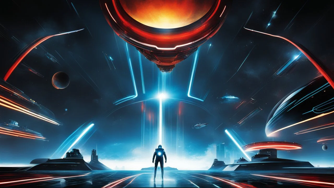 tron legacy movie, city of lights blue, red and yellow , programs, space ships, clouds, planets