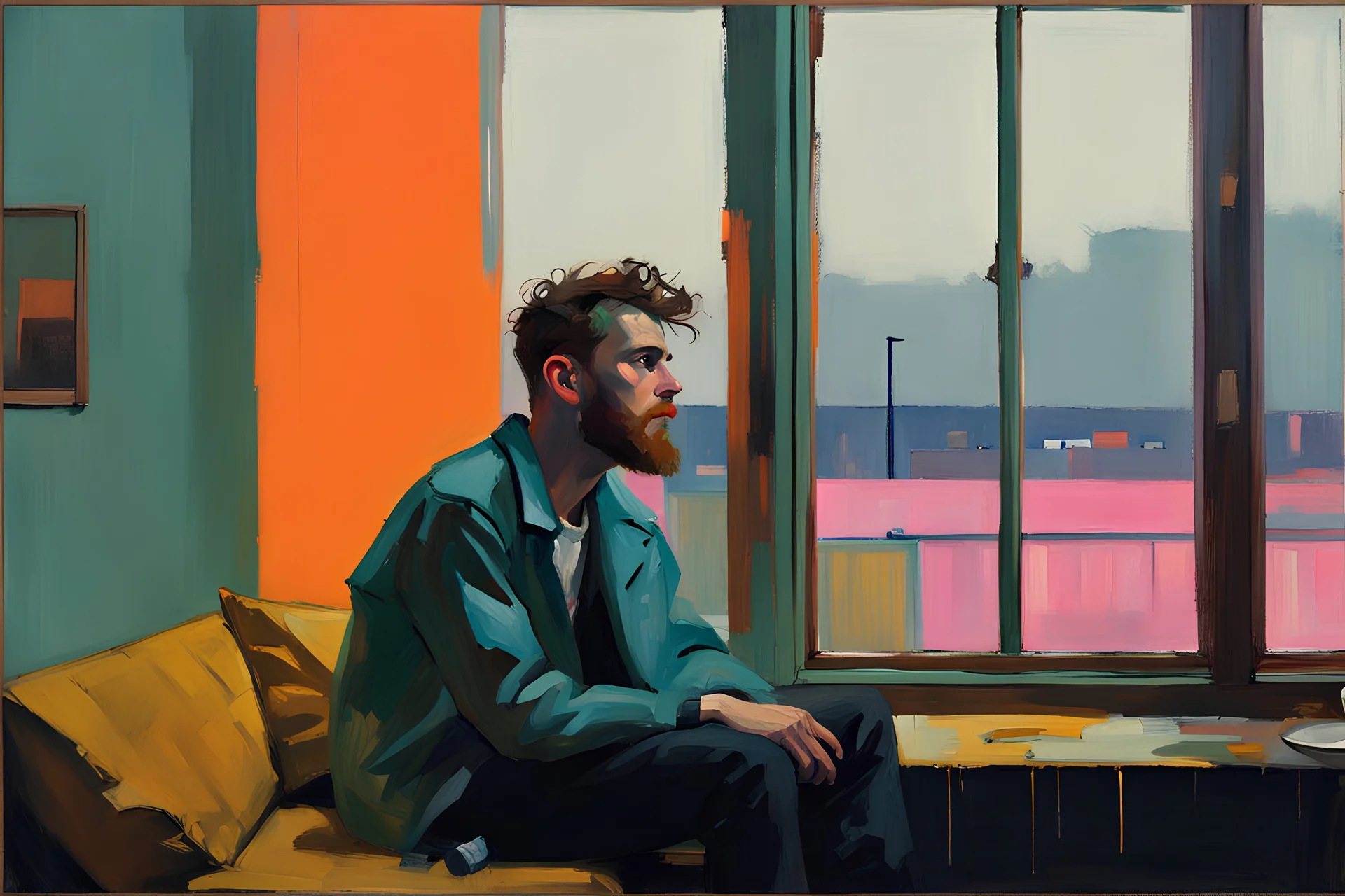 Euan Uglow photo dedicated beautiful a dreaming young beard colored punk guy sits and looks out of the livingroom window, stormy Day, neon pop '80s oil paint-style raw-in Blade Runner living room- by Stanley Kubrick