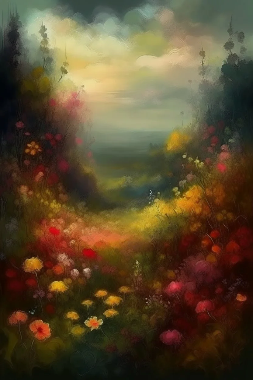 MAGIC fantasy, medieval painting, gloomy landscape surrounded by forests, dense thickets of flowers with brushes, impressionism style