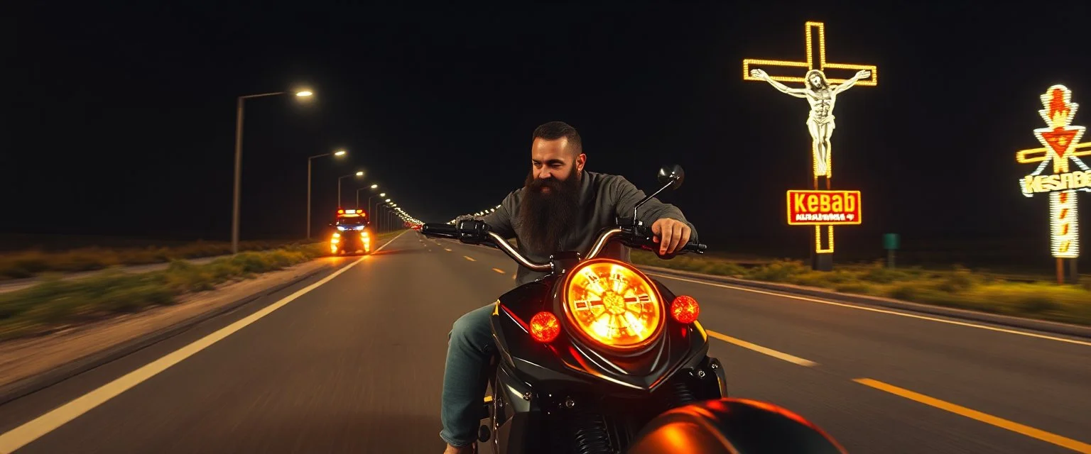 The kebab man driving fast on his motorcycle, fire from the exhaust, widescreen picture, empty road on the country at night, comic style, no helmet and he have a long black beard, neon kebab signs along the road, jesus at his cross