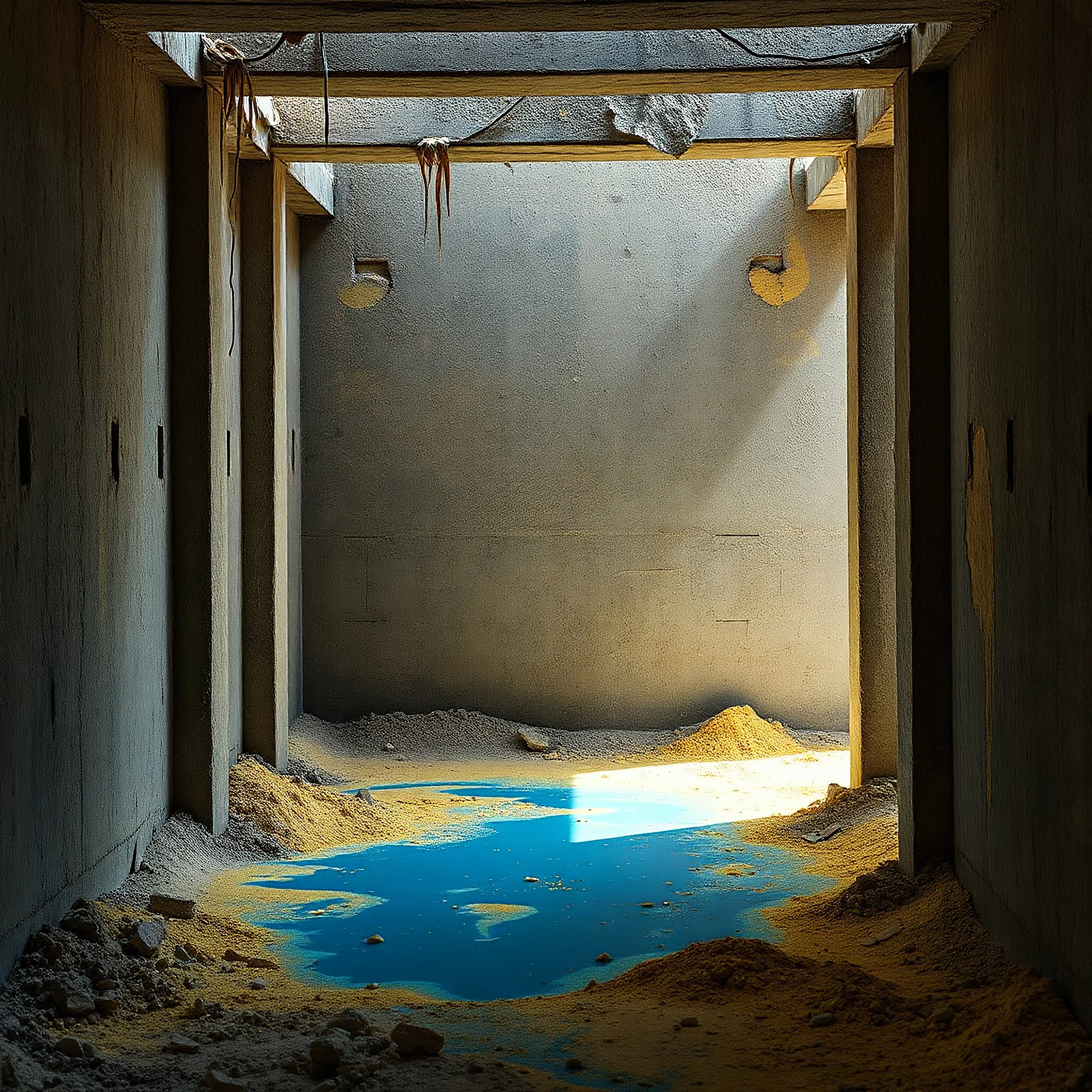 Photograph, fili, cubo, rags, struttura, daylight, brutalist style, telo nero, blue liquid, construction site, mortar, powder, punto giallo,minimalist, details of the dust very accentuated, 8k, deep 3d field