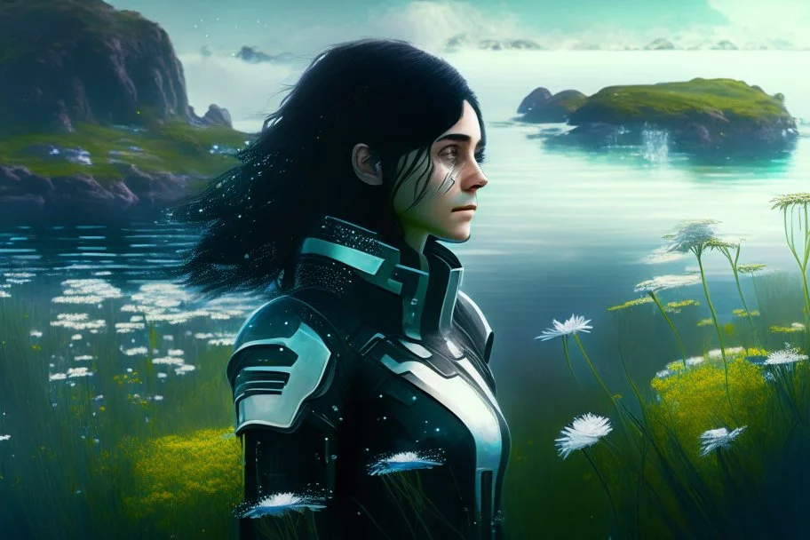 young woman in an android suit with dark hair, standing on the shore of an alien sea. Floating forests with dandelion tops in the distance