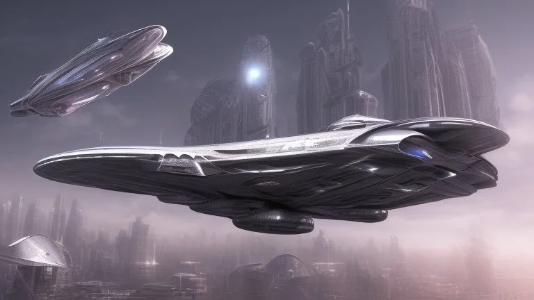 a photorealistic sleek silver spaceship flying over a futuristic ruined city