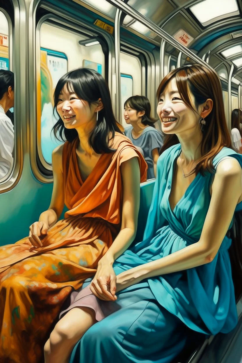 Neoclassicism 2 japanese woman smiling at other woman sitting in metro realistic cote d'azur painting colorfull