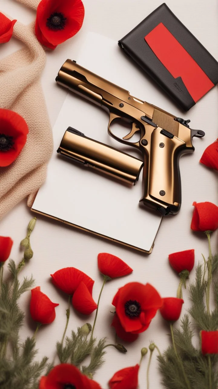 Two gold pistols and a red notebook on a white scarf. A bed of red poppies. Close-up from above.cinematic