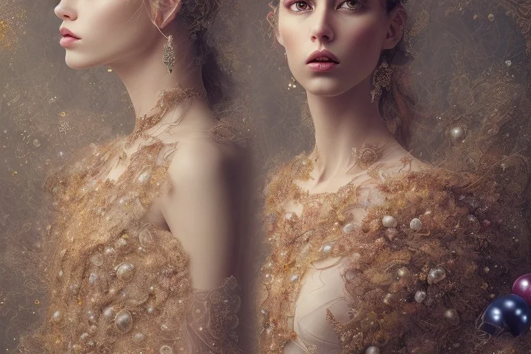 double exposure, merged layers, Beautiful composition of different fabrics, embroidered tulle with jewels, lace and raw pearls, silk, velvet, burlap, double exposure, heart, waterfall, golden glitters in sunshine