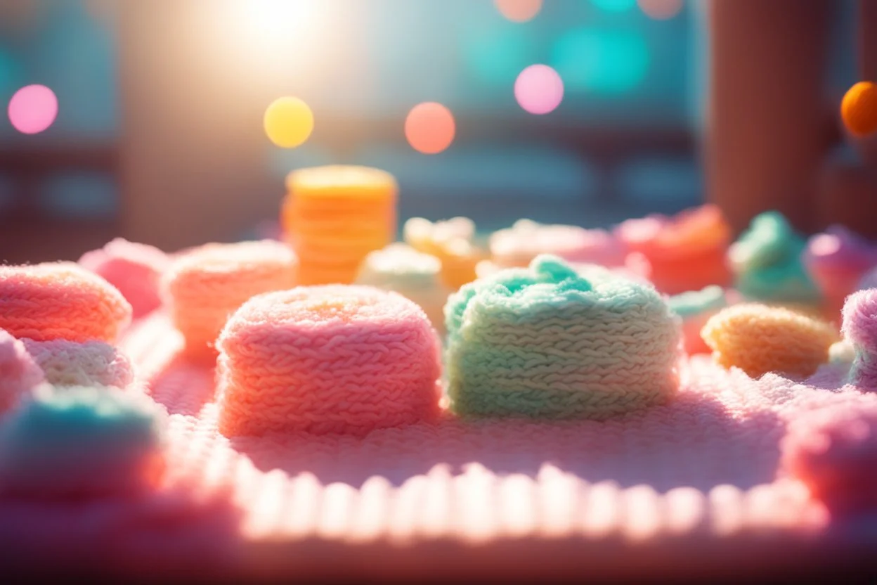 knitted dream, food, neon colors in sunshine, ethereal, cinematic postprocessing, bokeh, dof