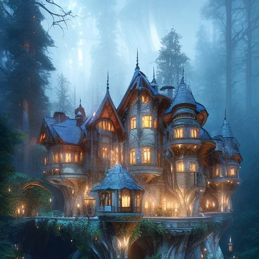 a magical house in the woods, vertical, vines, candlelit, endor, ornate, elegant, highly detailed, digital painting, artstation, concept art, smooth, sharp focus, illustration