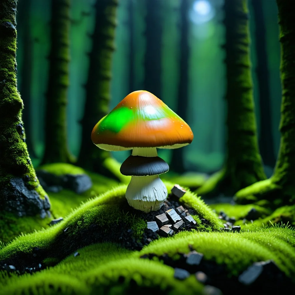 "Close up of a wonderful tiny Mushroom Tower home. green and orange with bright white, deep black and contrasting tones of gray. Illuminated bioluminescent forest. Professional painter, master at composition. small but detailed. broken, blurred background, voluminous lighting"