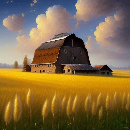 farmhouse and barn with a ripe wheat field next to it. The ears of corn bend in the wind, the sky is bright blue with lovely fluffy clouds. Modifiers: fantasy oil on canvas beautiful high detail ultra detailed crisp quality Guido Borelli da Caluso Leonid Afremov Alex Alemany Sherry Akrami © Crystaldelic