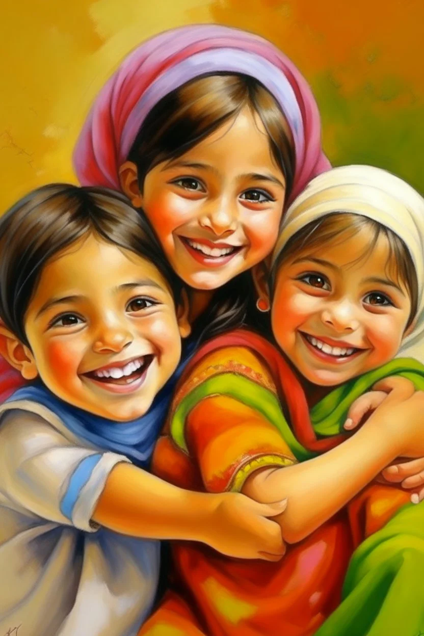 oriental arabic childeren higging ech other smiling painting