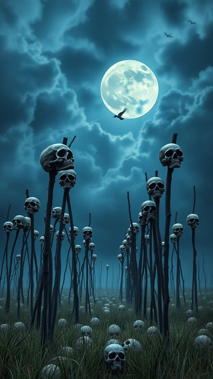 A moon in the blued blurry dark sky background and out of this world galaxy in a blue and gray cloud of stormy weather a many large amount of thick sticks fixed on the ground with many skulls the same size more than 30 put on the top of it ultra hi quality picture with cinematic science, tragedy, a small black birds far in hovering in the horizon in the big field of grass near front view of the skull filling all the fields in everywhere. A creepy old black big castle