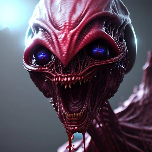 Terrifying Alien, blood dripping from eyes, realistic, unreal engine, artstation