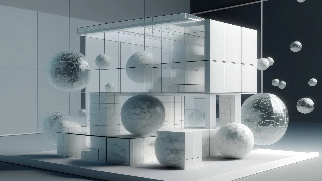 Digital architectural model of a minimalist house made of hollow stone cubes and frosted glass spheres, inhabited by a woman.