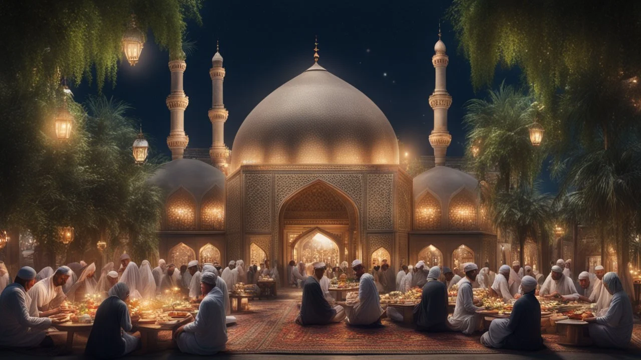 Hyper Realistic Photographic-View of lots of Muslims eating-&-fasting on the road, outside a beautifully-crafted-mosque-dome with plants-&-tables-decorated-with-Garland-Lights with dramatic-&-Cinematic-Ambiance at night.