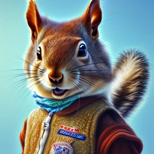  highly detailed and realistic squirrel member wearing a vest and a bandana riding a chopper, high detail, realism, vibrant colours, graffiti accents, complementary colours, splash art, perfect composition, beautiful detailed intricate insanely detailed octane render trending on artstation, 8 k artistic photography, photorealistic concept art, soft natural volumetric cinematic perfect light, chiaroscuro, award - winning photograph, masterpiece, oil on canvas, raphael, caravaggio, greg rutko