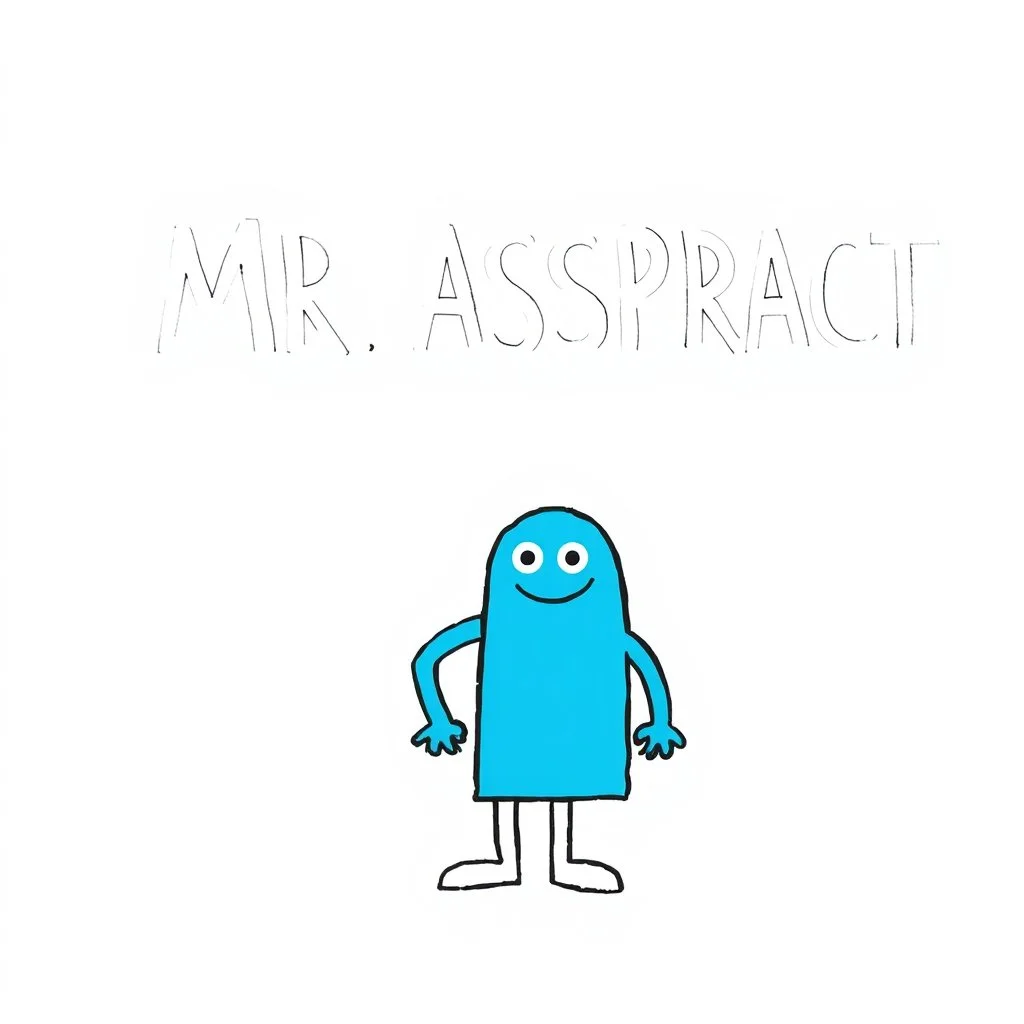Mr. Men children's book aesthetic title text "MR. ABSTRACT" with a simple color drawing of a whimsical anthropomorphic abstract geometric constructivism reminiscent of Joan Miro, , composition in style of Roger Hargreaves, negative white space