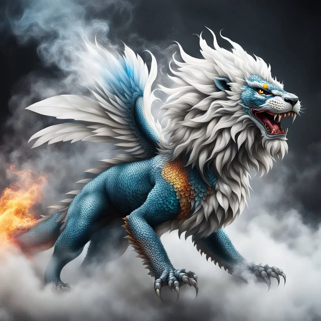 a sturdy colorful winged lion-like asian dragon with curly white fur, smokey breath and fire, claws, spikes along back, a long tail, moving forward out of the smoke and mist