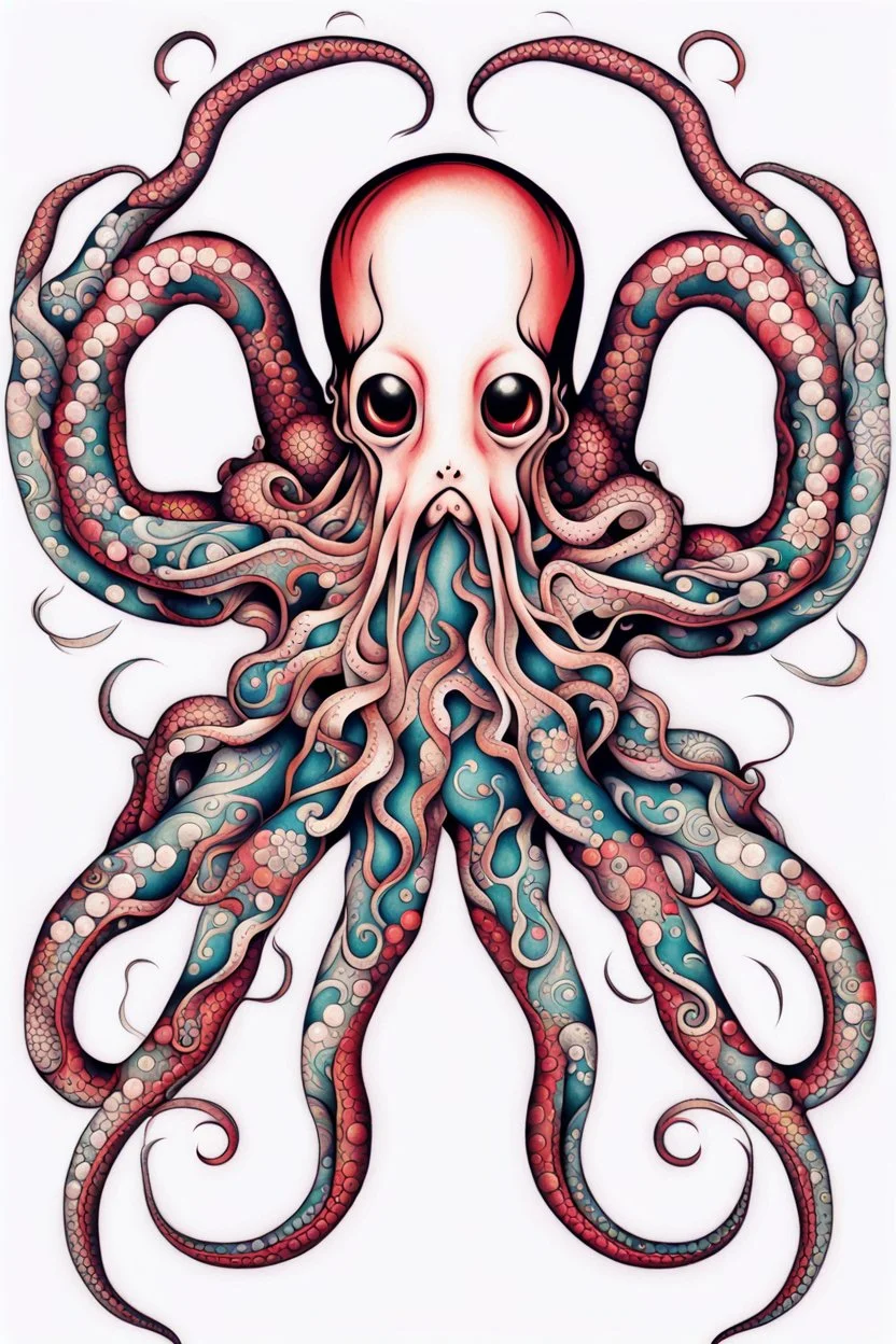 Create a captivating modern 2d colorfull ink tattoo design for print , prestigious (Japanese Octopus) using the elegant influences of japan art style, for print, dynamic elements from fashion and design, and bold Japanese contemporary art aesthetics, framing centered in the center, distanced from the edges of the paper perimeter, perfect anatomy, bauhaus, Divine Proportion,