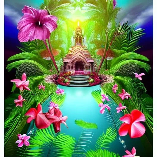  Tropical flowers, heart chamber, crystals, tropical leaves, Fantasy temple, Surreal landscape.