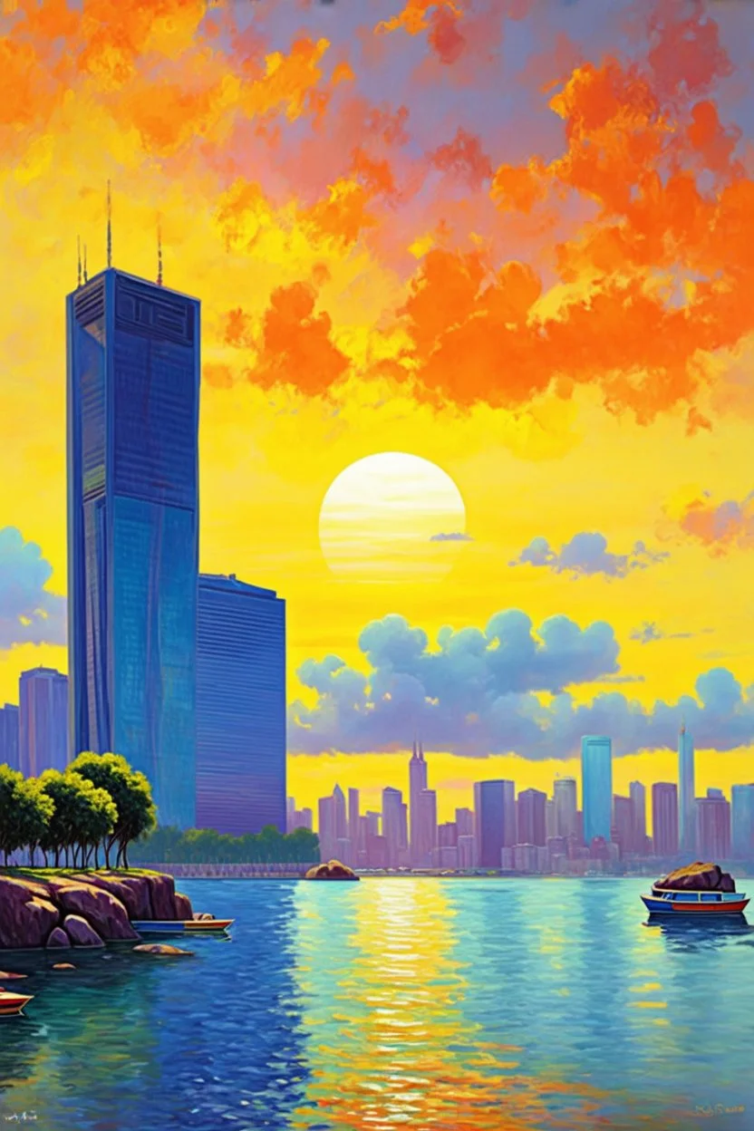 Amazing sunset, buildings, lake, rocks, distant city, trees, cyberpunk, sci-fi, claude monet impressionism paintings