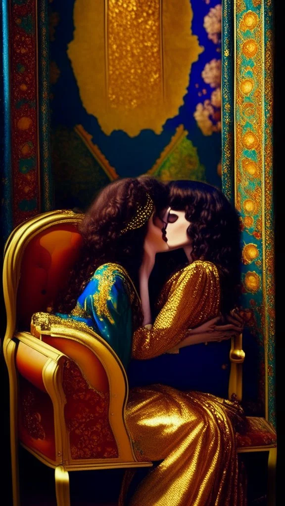 Masterpiece, fine art, award winning, "like Gustav Klimt : the Kiss in a chair" 2 w, RAW photo, eye candy in the style of (petra collins::Robin Eley:1.5), (Suhaila Ben Lachhab::Heidi Moussa:1.5) in breathtaking cinematic shot (full body shot, from below angle) that emphasizes the stunning cheek bones, texturized black hair,(big detailed eyes:1.5) (cottagecore aesthetic:5) with extreme sensuality, Irresistible with (porcelain skin:4.8), sitting on an old chair, retro vintage style