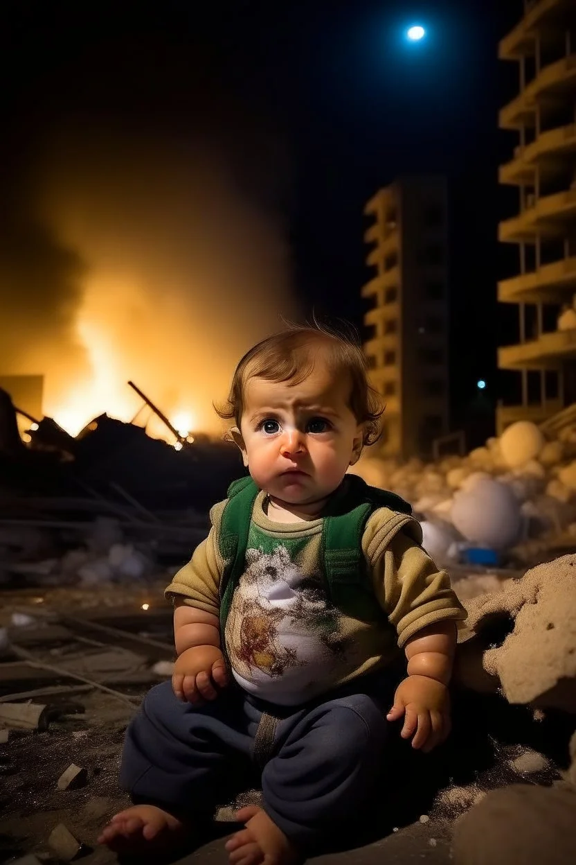 Palestinian baby , Destroyed Buildings , with a Explosions, at night