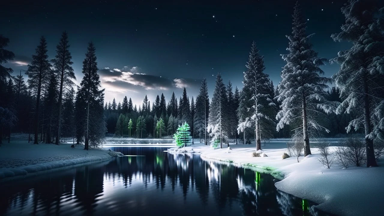 A mystical winter night scene; dark pine trees surround a snow-covered lake, reflecting the moonlight. Snowflakes twirl through the air, enchanting the serene winter forest.