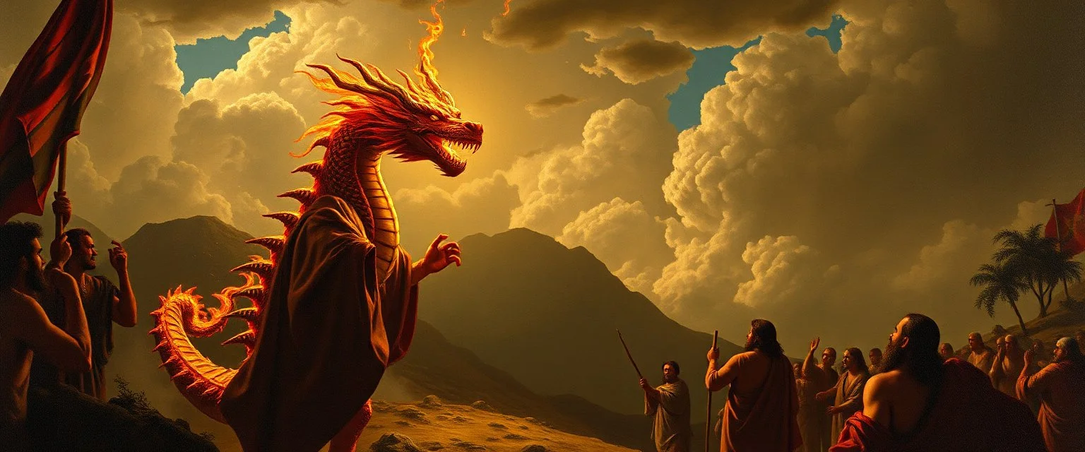 So the people came to Moses and said, “We have sinned, because we have spoken against the Lord and against you; intercede with the Lord, that He will remove the dragon from us.” And Moses interceded for the people. 8 Then the Lord said to Moses, “[a]Make a fiery dragon , and put it on a cross flag pole; and it shall come about, that everyone who is bitten, and looks at it, will be healed by rays.” painted by Rembrandt