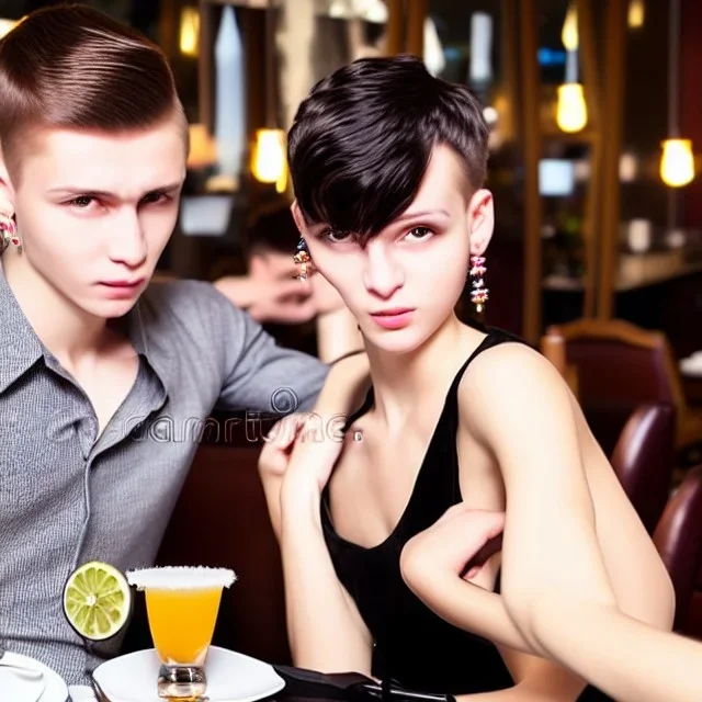 Russian boyish boylike guy short man's haircut men's face boyish features female figure in black girlish lacy cocktail dress earrings in restaurant