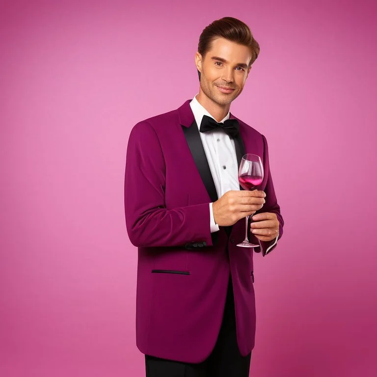 man in a pink suit, glam style and a glass of red wine in his hand, pink background too