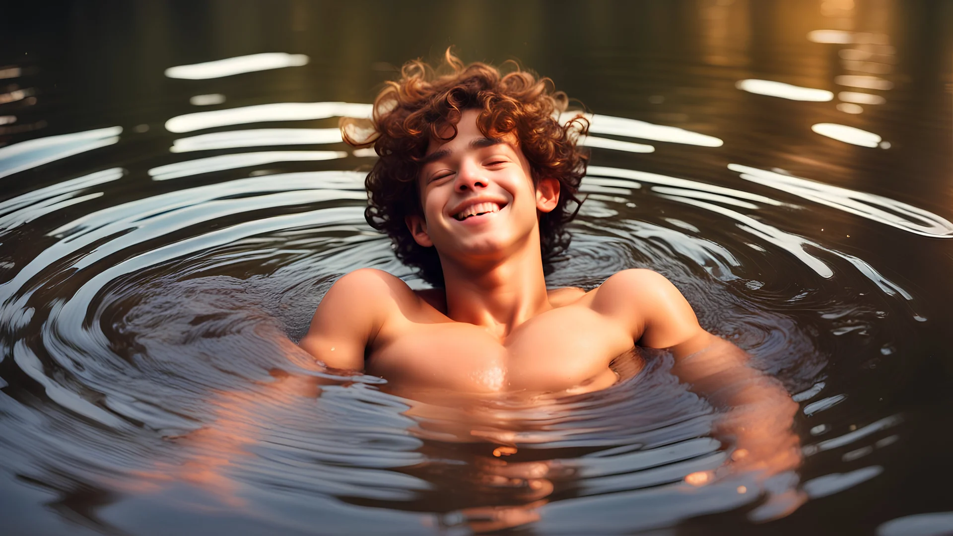 Young teen boy floating in water, relaxing, eyes closed, curly hair, full lips smiling, aesthetic physique, cute face, shirtless torso, warm skin tone, flawless skin, small nipples, thick curly hair, hands behind head, koi fish in water, full body, forest background, high camera angle, calm clear water, dreamy atmosphere, high resolution