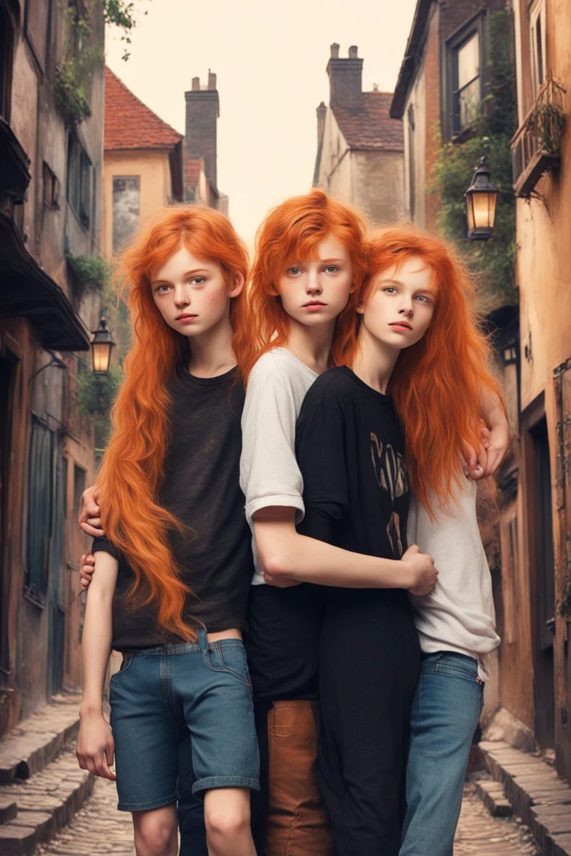 Act like a book cover designer. Use natural style. Grimmy black cat and three teenagers (13-15 years old) - two boys with ginger hair and frickles on faces and a girl with brown long hair. Environment: old town.