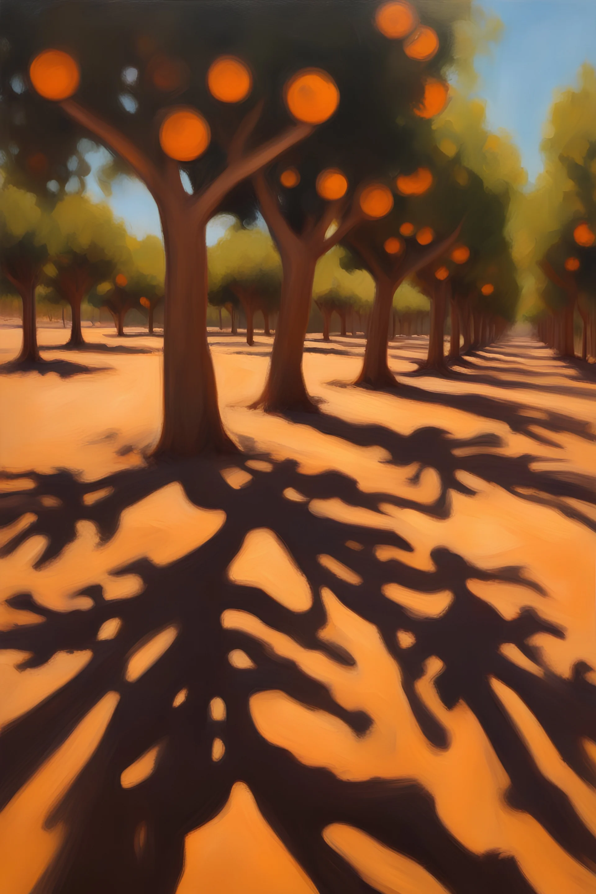 The oil painting of an Andalusian orange grove bathed in sunlight, with shadows dancing on the ground.