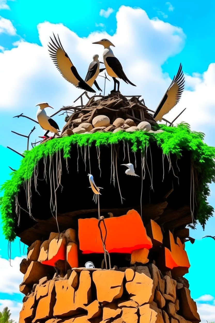 on top of the stone statue of the crucified Jesus is a huge stork's nest with storks