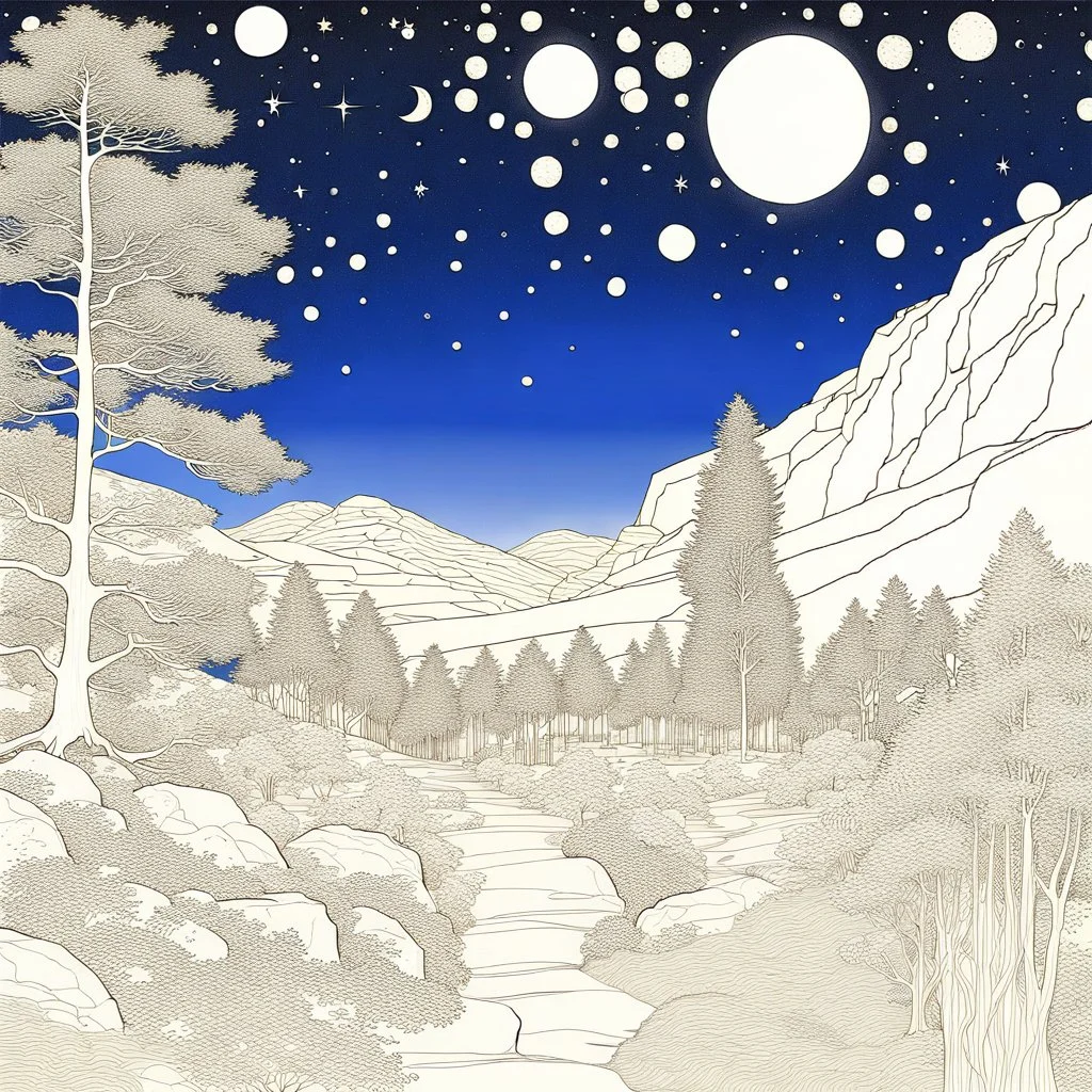 Dry colors, peaceful, Egon Schiele, Max Ernst, night sky filled with galaxies and stars, rocks, trees, flowers, one-line drawing, sharp focus, 8k, deep 3d field, intricate, ornate, one million strokes