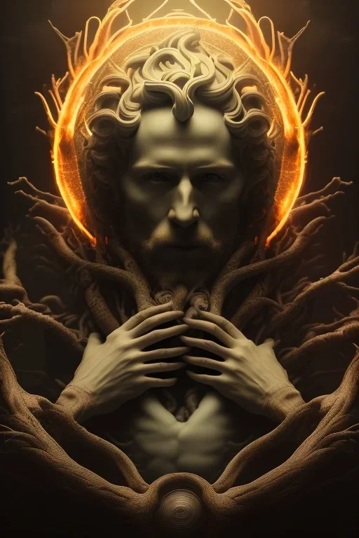 portrait photography of an ethereal beautiful animal god, Fire theme art, Dark moody night atmosphere, Portrait of a man by Michelangelo, 8K, close-up face, anatomically perfect face, oak tree roots, ignore NSFW