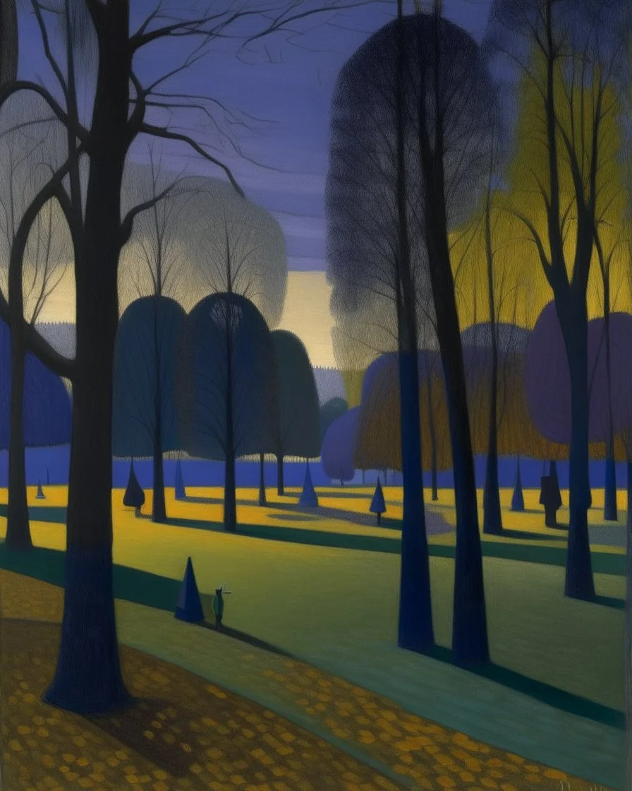 A purplish black ominous park in a shadow realm painted by Georges Seurat