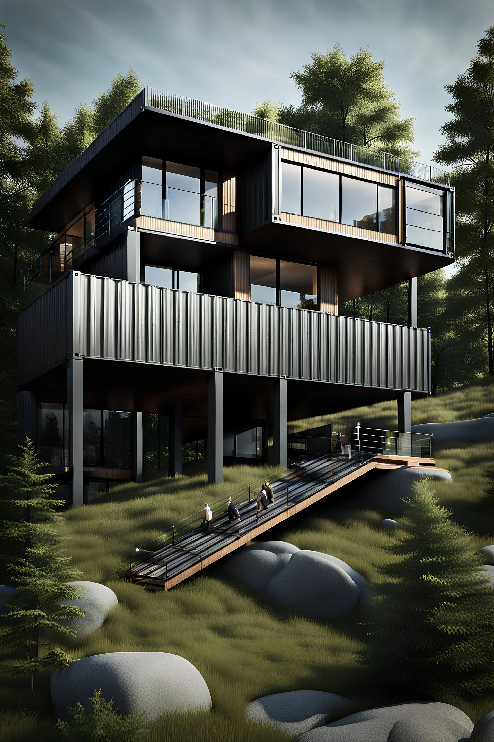 Medium-sized modern house made from shipping containers, on a hill overlooking the woods, photorealistic