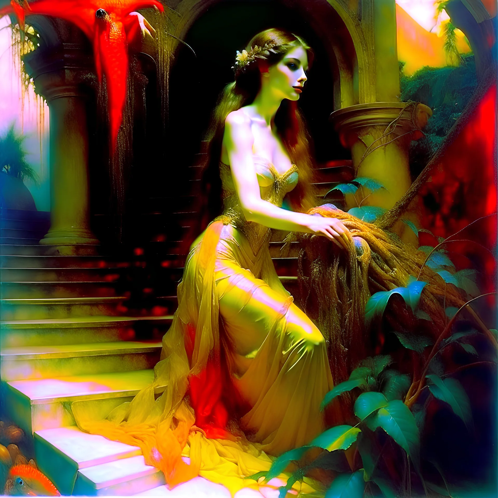 ((Masterpiece:1.2)(award-winning:1.1) caliber, professionally executed,utmost (precision and ultra-detail:1.3)techni-color , In the style of (ellen von unwerth:1.2, (Zdzisław Beksiński:0.5, John William Waterhouse,John Singer Sargent) in a desaturated, realistic, pop art style), glamor shot, 24-year-old Arab woman. Her long, curly black hair cascades down her shoulders, framing her face and her large, blank eyes. Her petite body,barbie aesthetic, portrait taken at Glamour Shots, 1988 captivating