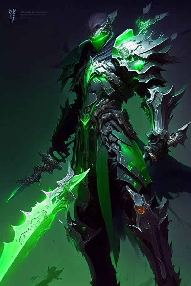 a man in armor holding a green sword, style of ghost blade, ghostblade, nekro xiii, night time raid, style of duelyst, glowing green soul blade, heise-lian yan fang, by Zhou Jichang, concept art | feng zhu, dark fantasy character design, intricate assasin mecha armor, lineage 2 revolution style