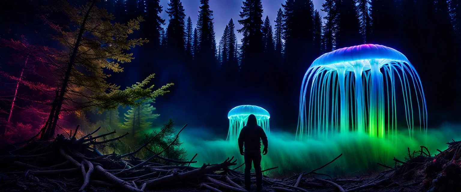 Bigfoot investigating, closeup, giant bio luminous Rainbow floating high JellyFish, light floating in a forest, mist, light trails, nighttime, long exposure, Treeline, Alberta, scientist, Dystopian, Hyper detailed, Realistic, Extreme depth of field, bokeh blur, Alberta all-natural, National Geographic, in the style of candid, imperfection, natural lighting, cinematic, Fuji Film, Anamorphic lens, 2040s, --ar 4:5 --w 150 --style ra