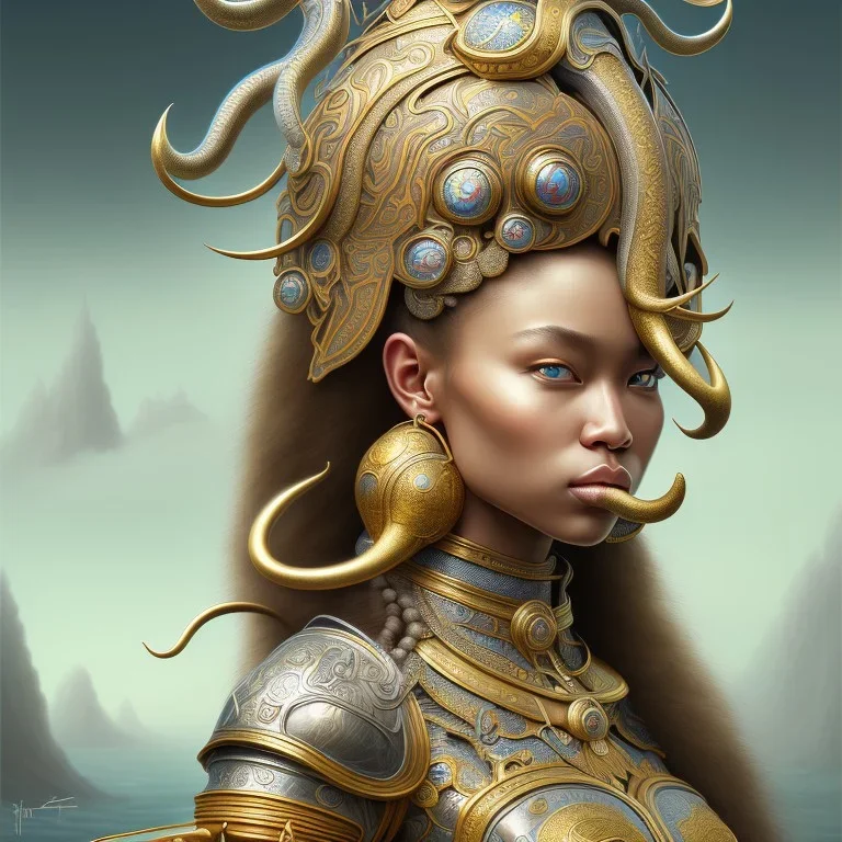 Sango fantasy, fantasy magic, intricate, sharp focus, illustration, highly detailed, digital painting, concept art, matte, art germ and Paul Lewin and Kehinde Wiley, masterpiece silver elephant head bronze Asian African girl nice breast Hawaiian hair turquoise golden waves